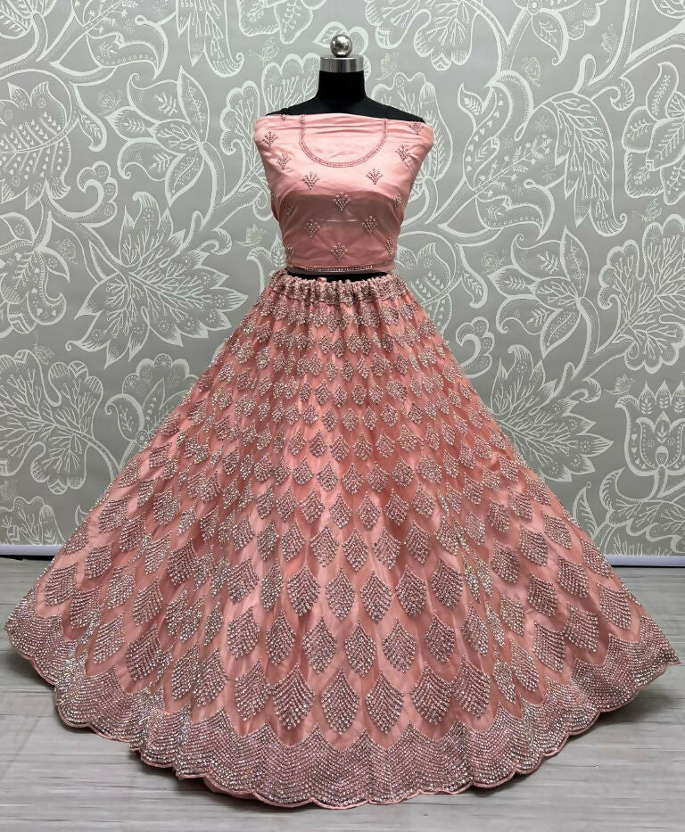 Pink Bridal Net Lehenga Choli with Zircon & Dori Embroidery