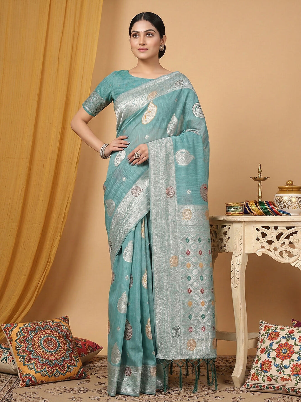 Sea Green Linen Cotton Saree for Women
