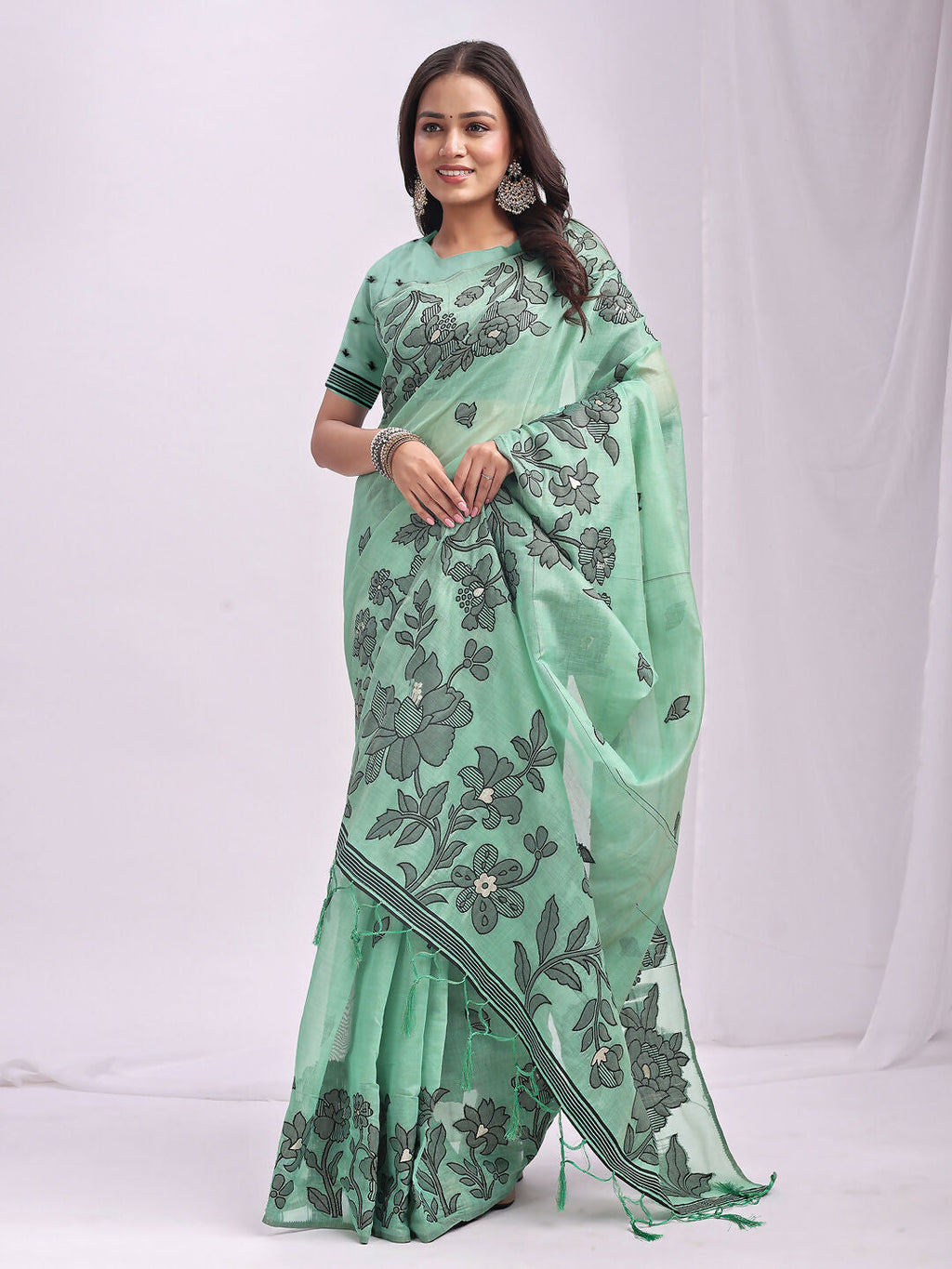 Rama Green Linen Cotton Saree with Matching Blouse