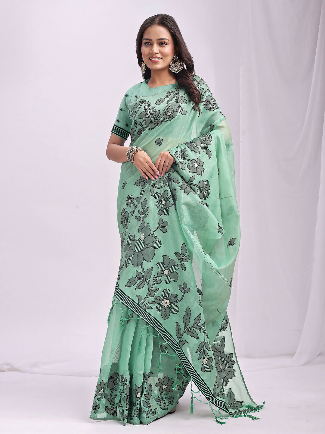 Rama Green Linen Cotton Saree with Matching Blouse