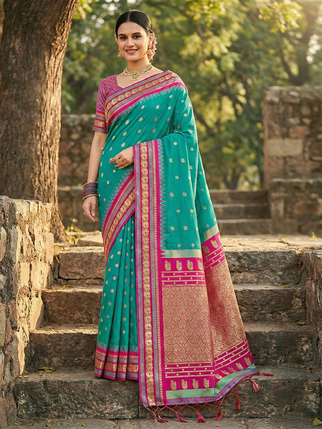 Refreshing sea green soft silk saree with matching blouse