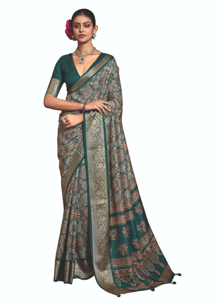 Rama green Dola Tussar silk saree with self jacquard border