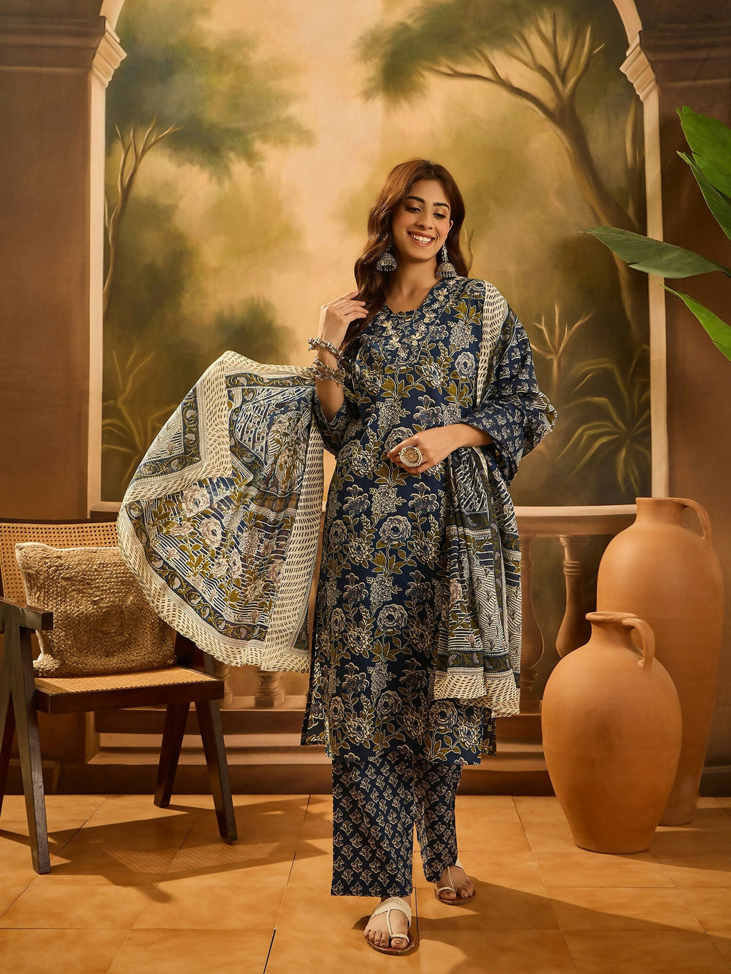 Navy Blue Printed Pure Cotton Kurta Set