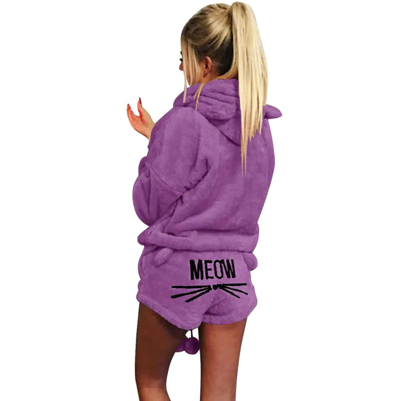 Meow Plush Hoodie Pajama Short Set