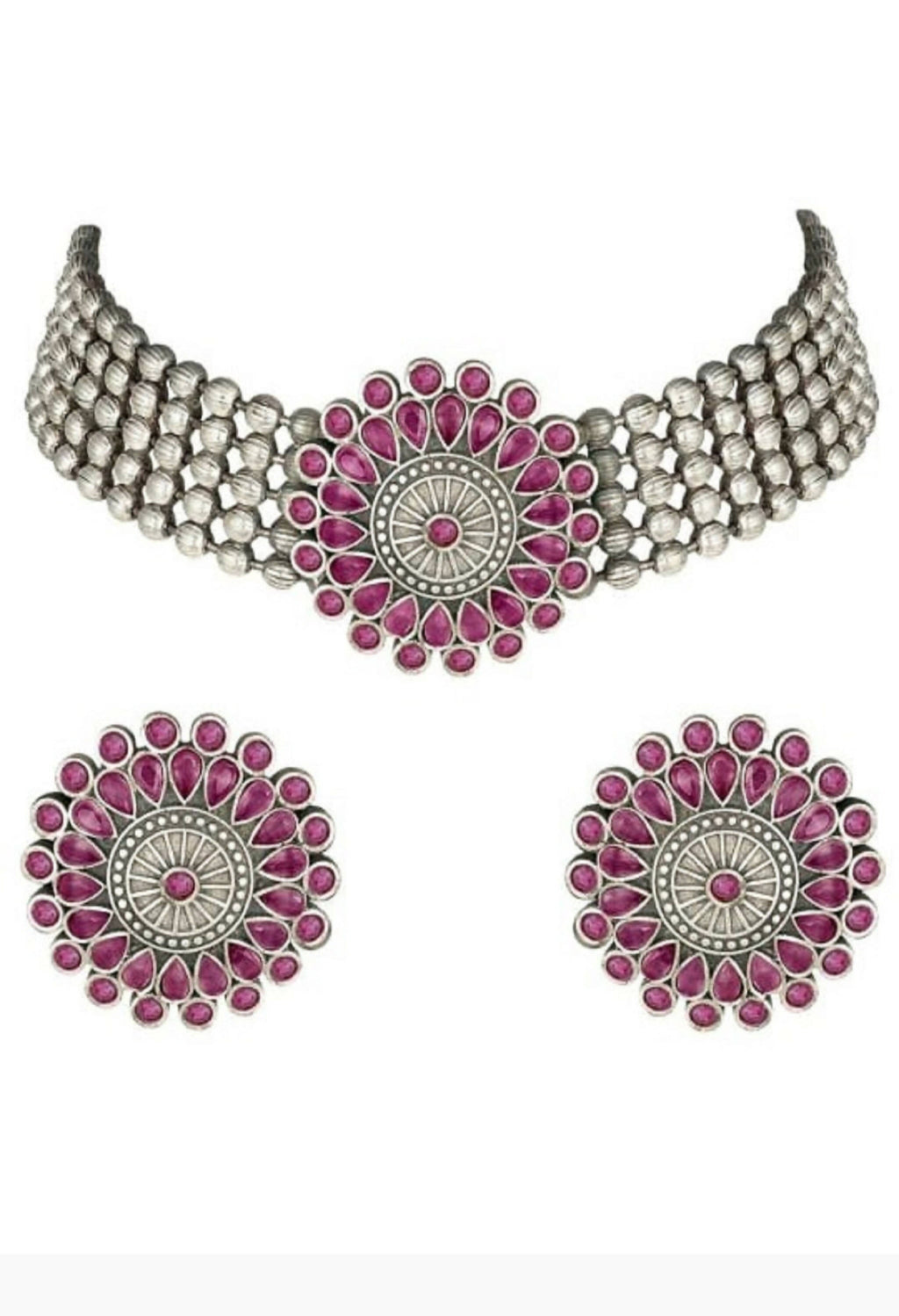Pink Kundan stone oxidised silver-plated brass finish choker necklace
