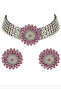 Pink Kundan stone oxidised silver-plated brass finish choker necklace