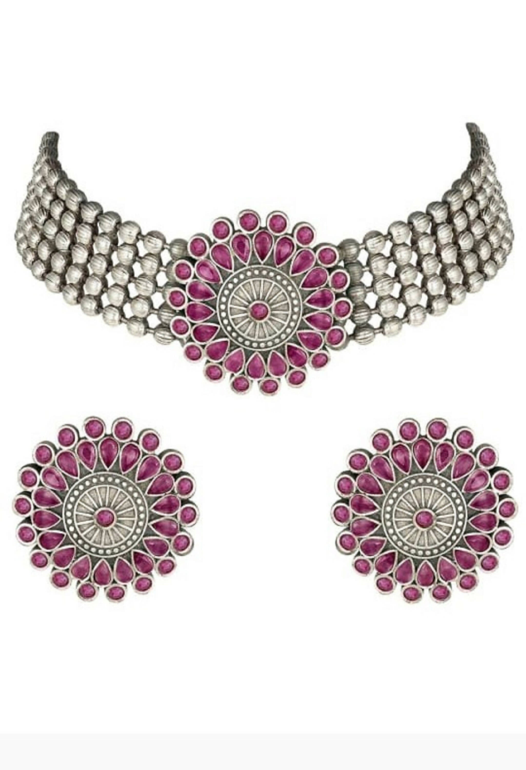 Pink Kundan stone oxidised silver-plated brass finish choker necklace