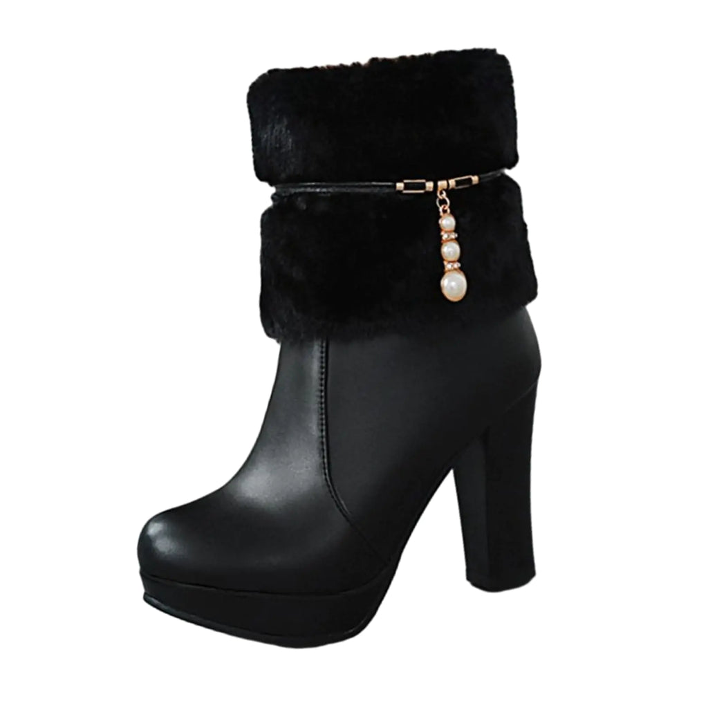 UTIKLIOU Womens Ankle Boots Platform Boots Side Zip Chunky Heel Booties with Fur Round Toe Leather Winter Boots for Women (Black Size 8)