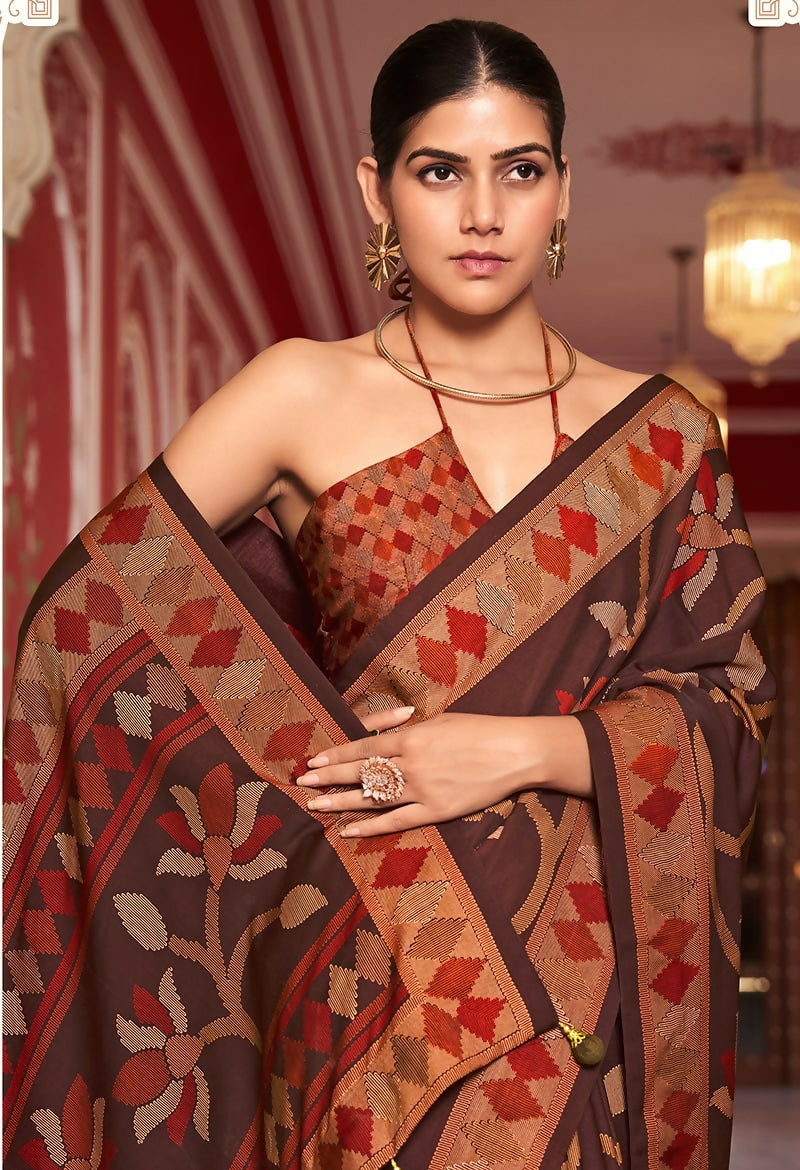 Brown Silk Blend Printed Saree with Traditional Pattern