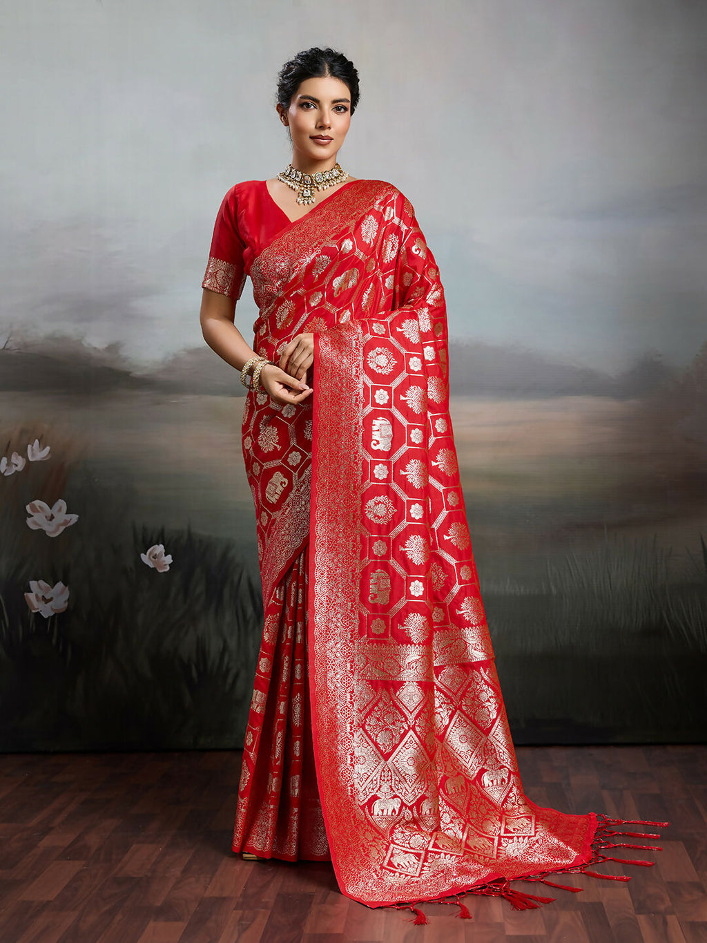 Classic red silk blend saree with matching red blouse piece