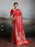 Classic red silk blend saree with matching red blouse piece