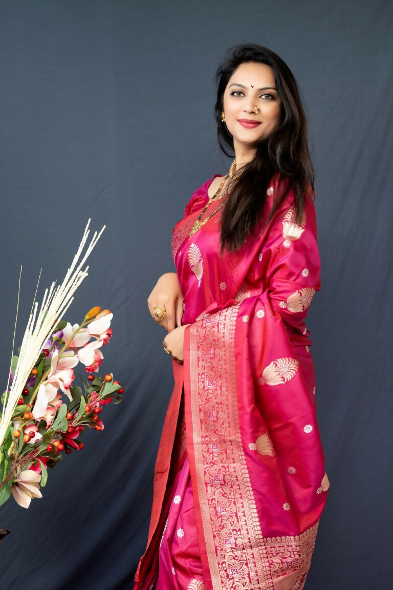 Gajri Red Paithani Silk Saree with Zari Woven Border and Blouse