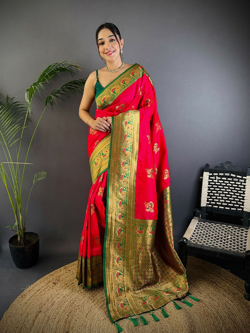 Classic Red Banarasi soft silk saree with intricate woven details and matching blouse