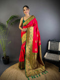 Classic Red Banarasi soft silk saree with intricate woven details and matching blouse