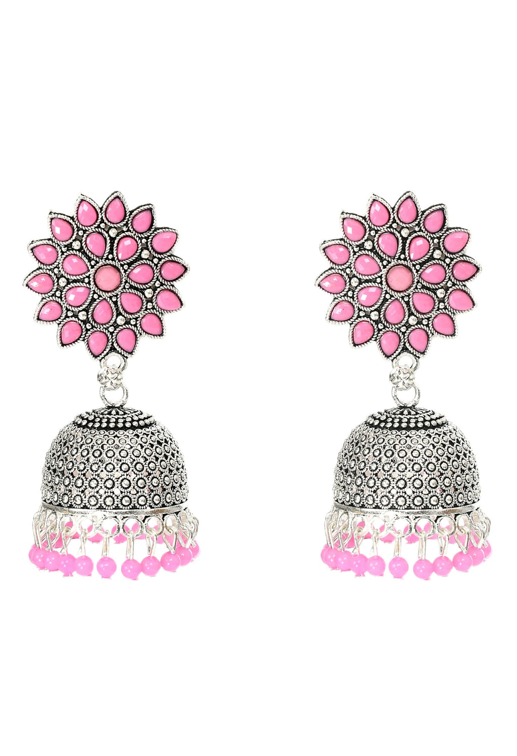Pair of baby pink Kundan work Jhumka earrings in oxidised brass for girls