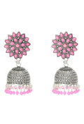 Pair of baby pink Kundan work Jhumka earrings in oxidised brass for girls