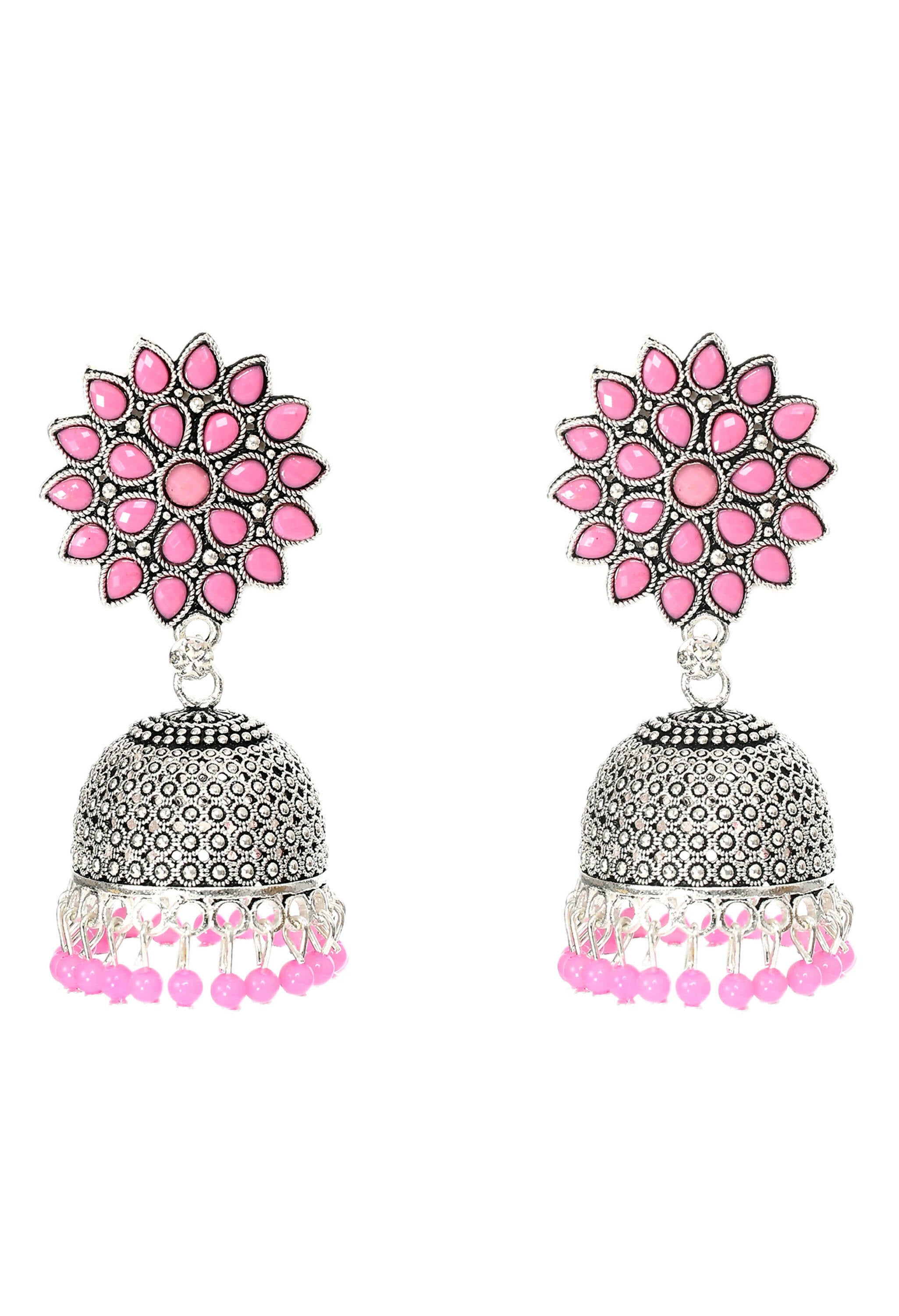 Pair of baby pink Kundan work Jhumka earrings in oxidised brass for girls
