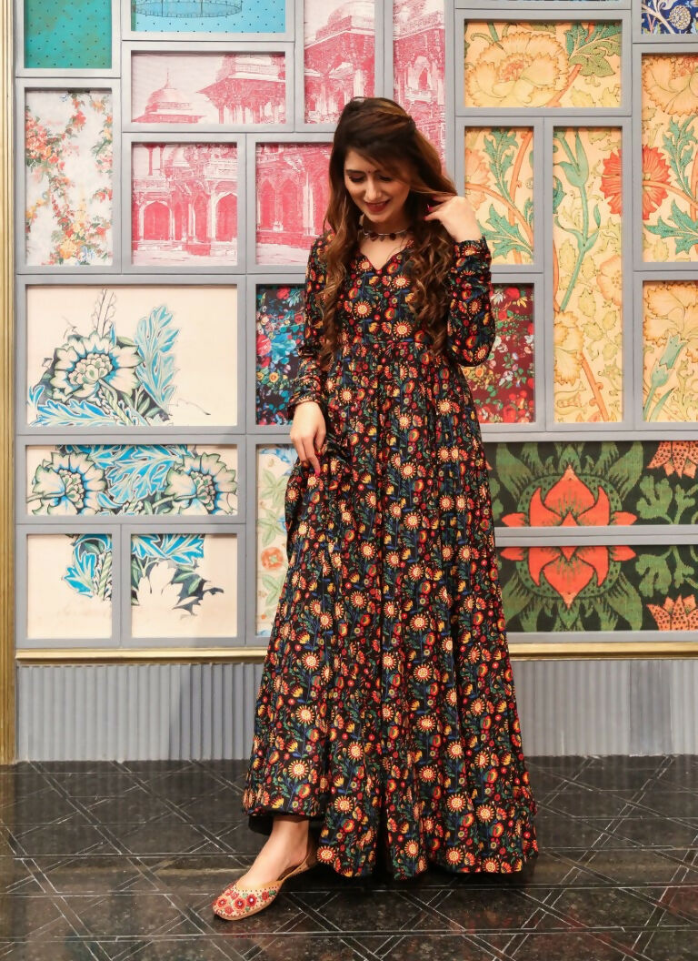 Women's Coffee Heavy Digital Printed Cotton Silk Anarkali Dress