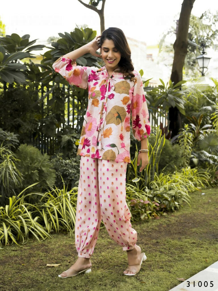 Multi Muslin Cotton Co-ord Set with Floral Print and Collared Top