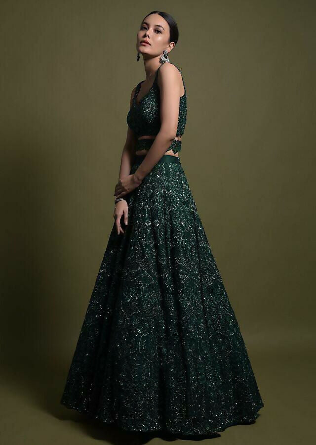 Dark Green Net Sequins Dori & Thread Embroidered Lehenga
