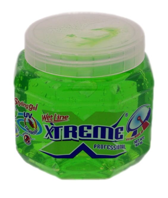 Xtreme Hold & Care professional styling gel in a translucent neon green jar, 8.8 oz.