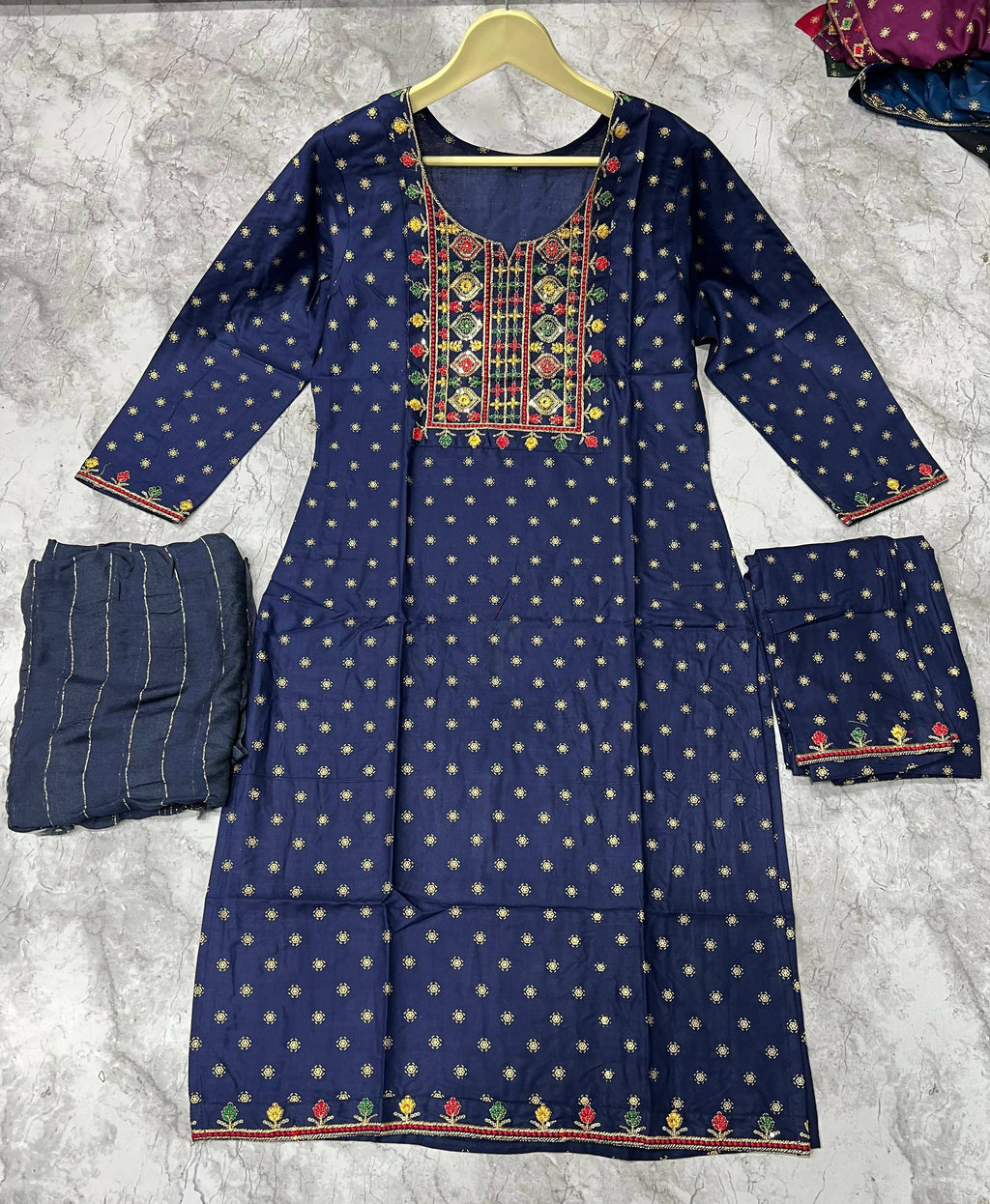 Women's Blue 14KG Rayon Foil Print Embroidery Straight Kurta Set