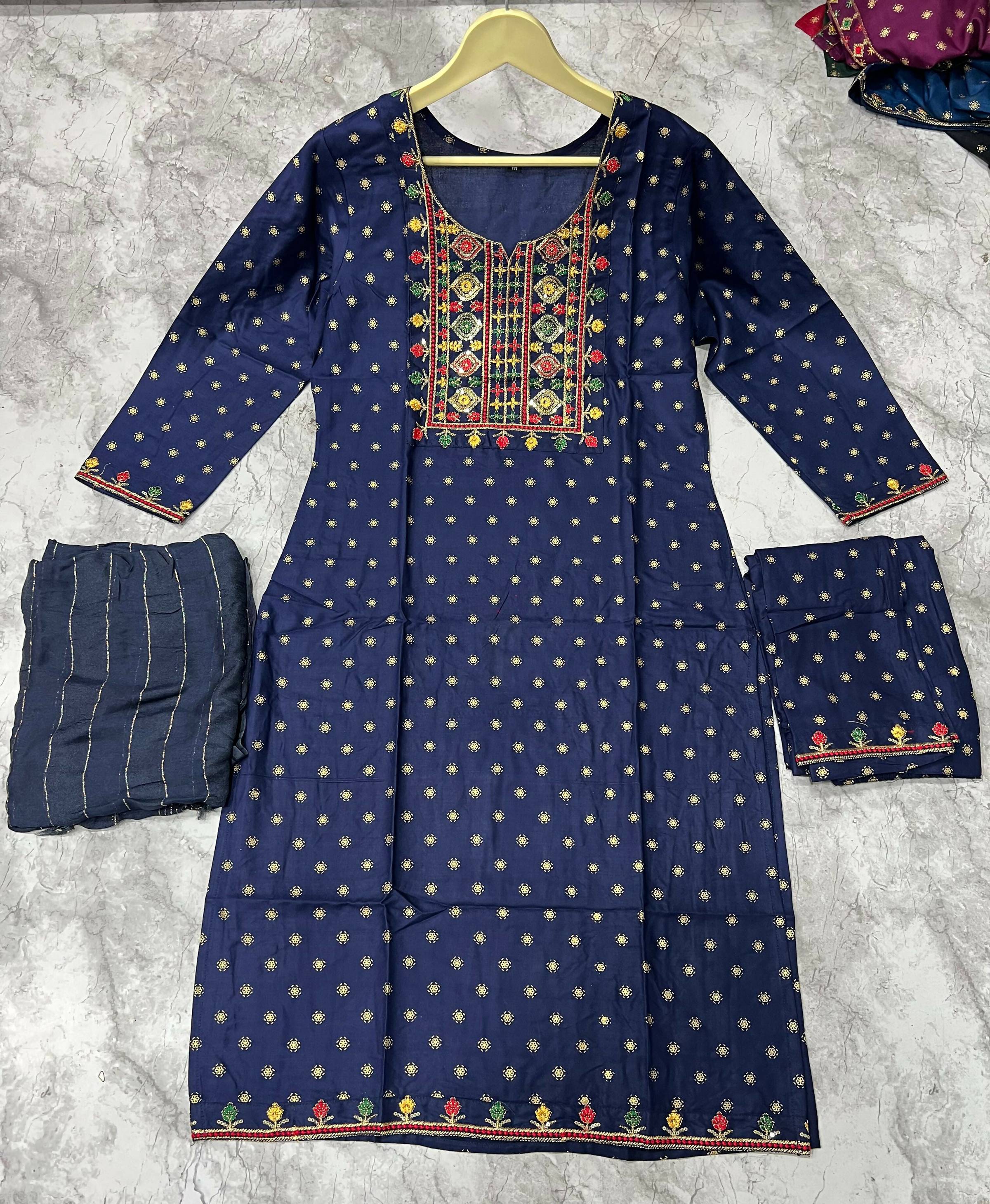 Women's Blue 14KG Rayon Foil Print Embroidery Straight Kurta Set