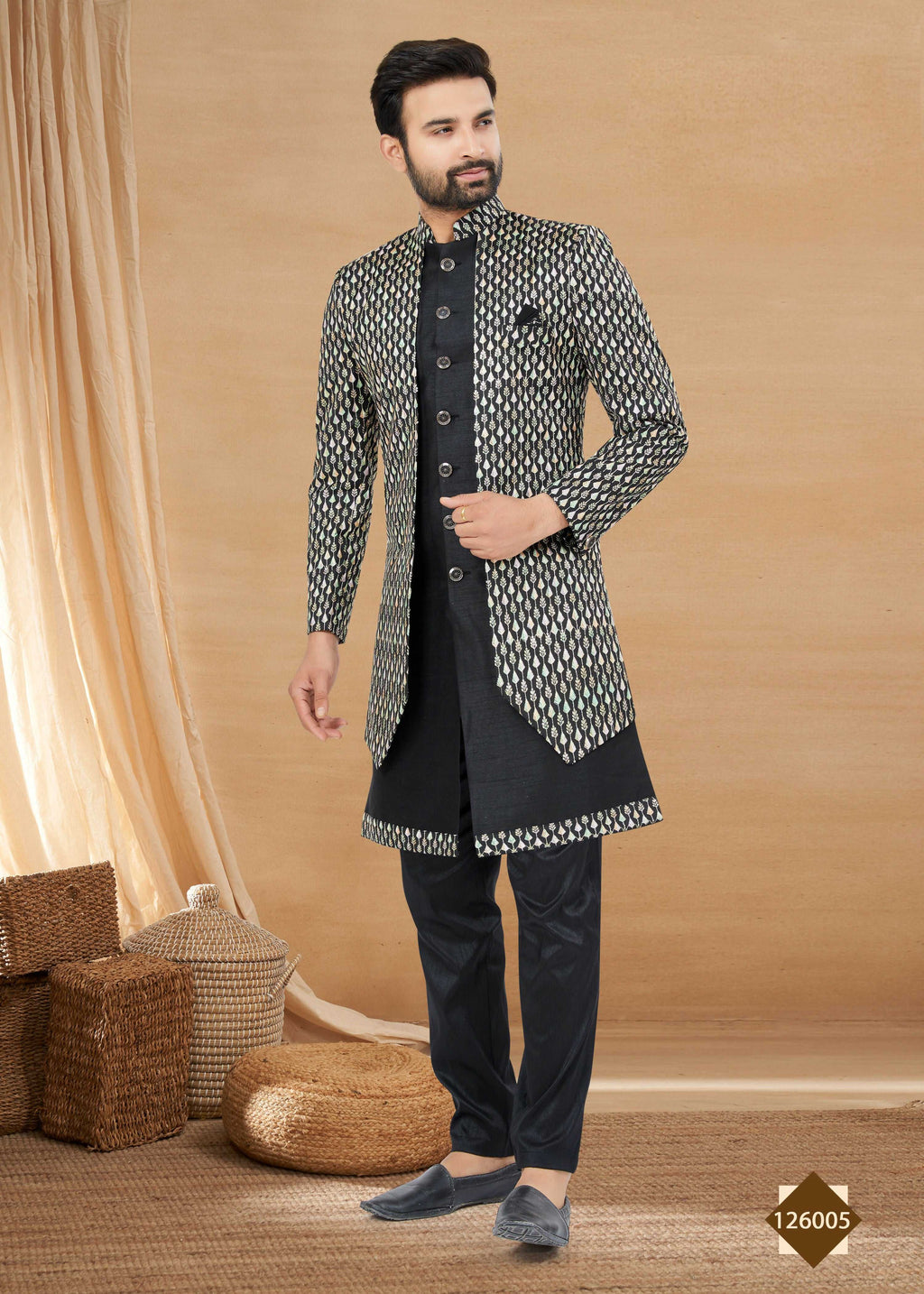 Men's Black Heavy Art Silk Double Finish Indowestern Set