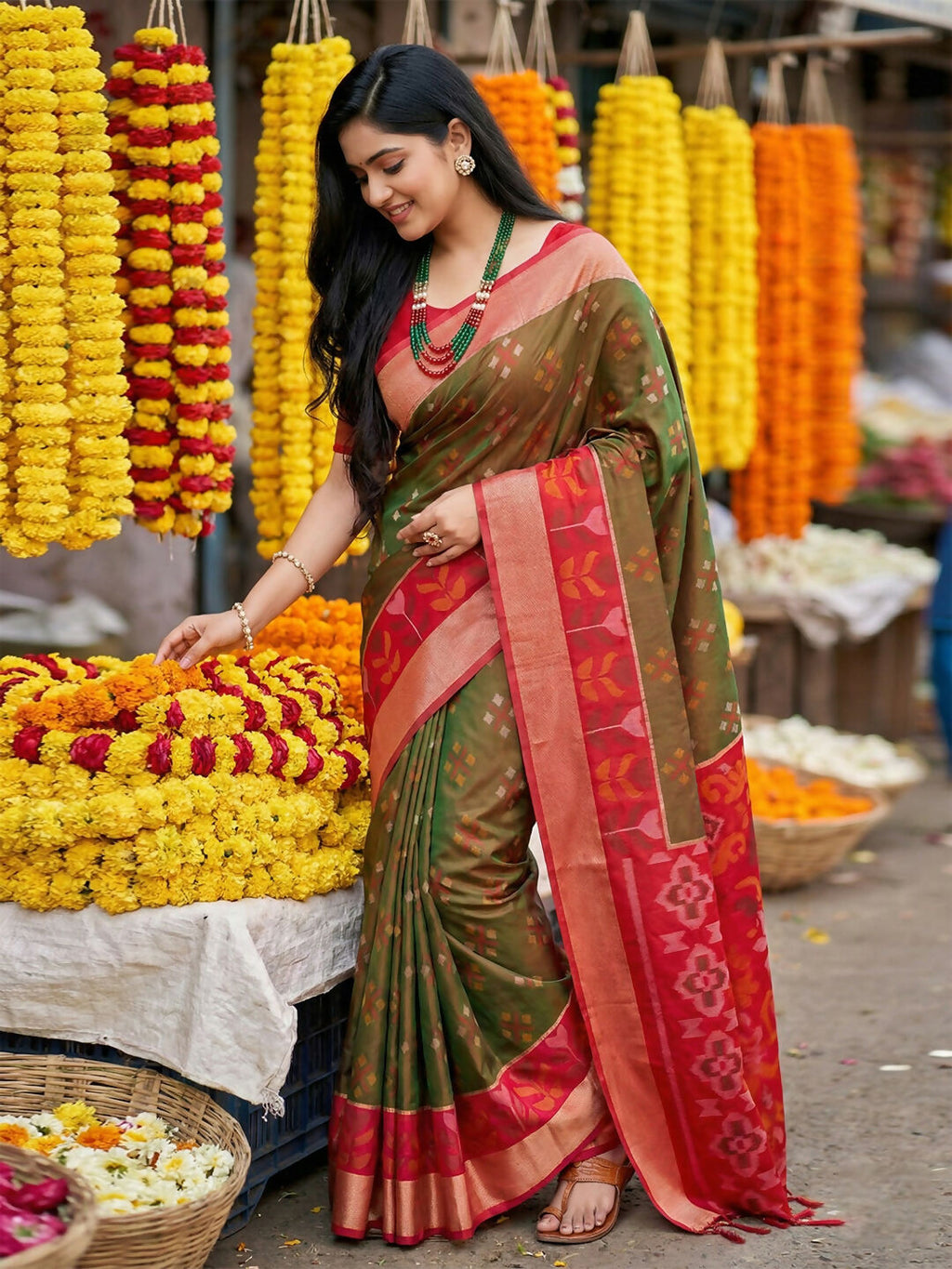 Brown Pochampally Silk Saree with traditional weave