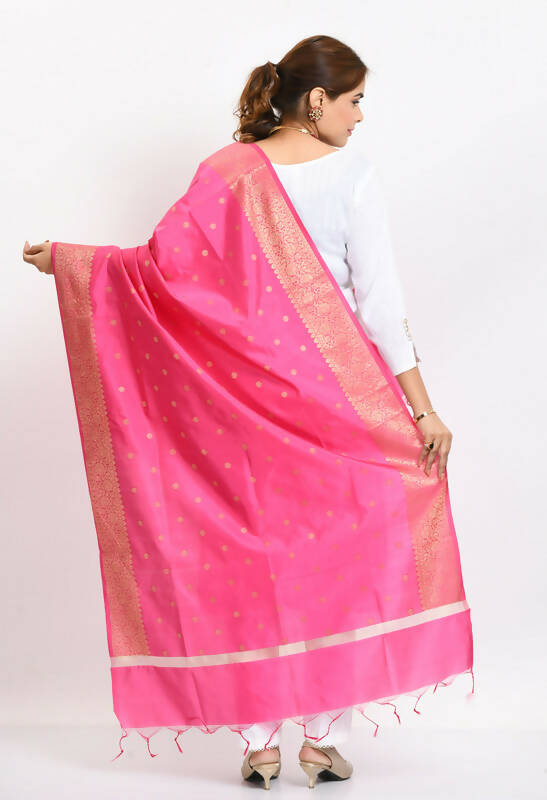 Women's Pink Banarsi Silk Woven Dupatta with Gold Accents