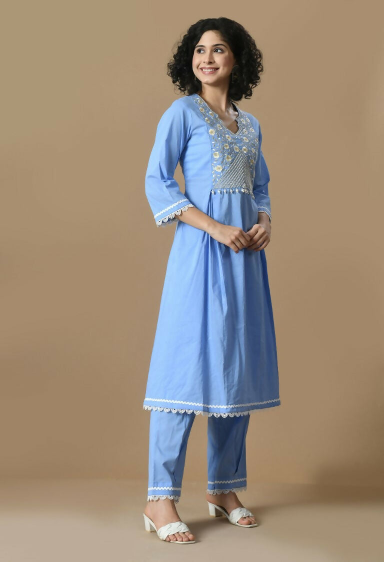Light Blue Cotton Kurta Set with Organza Dupatta - 3 Piece Suit