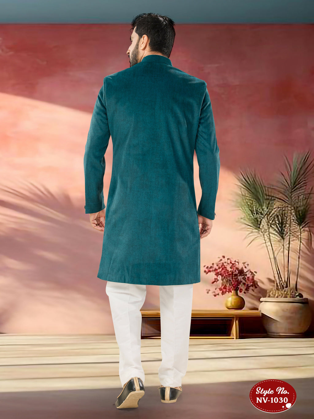 Men's Blue Indo-Western Kurta Set in Swed Velvet with Embroidery
