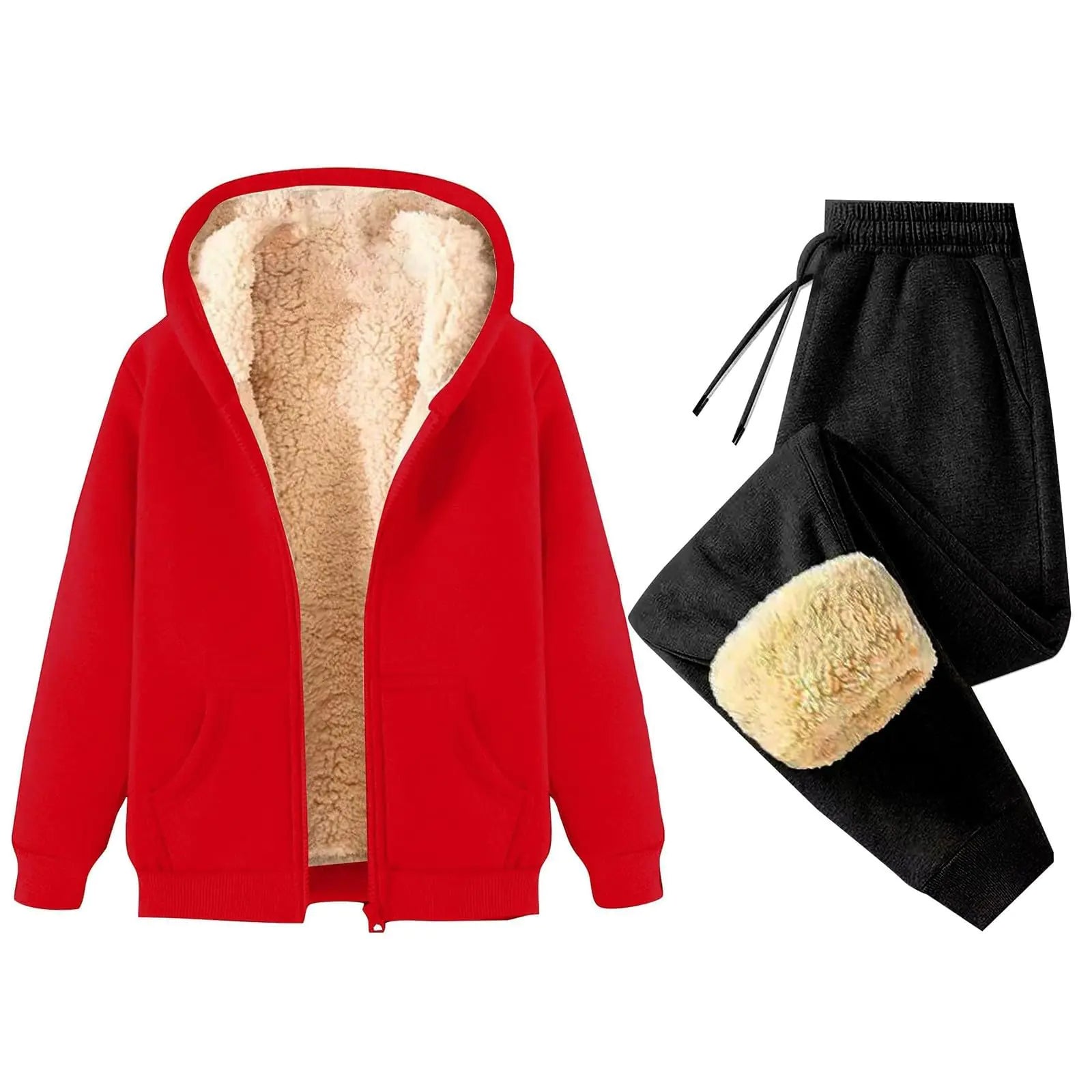 2 Piece Outfits Women Sherpa Fleece Lined Sweatsuits Zip Up Hoodie and Sweatpants Sets Matching Sets Warm Sets Red