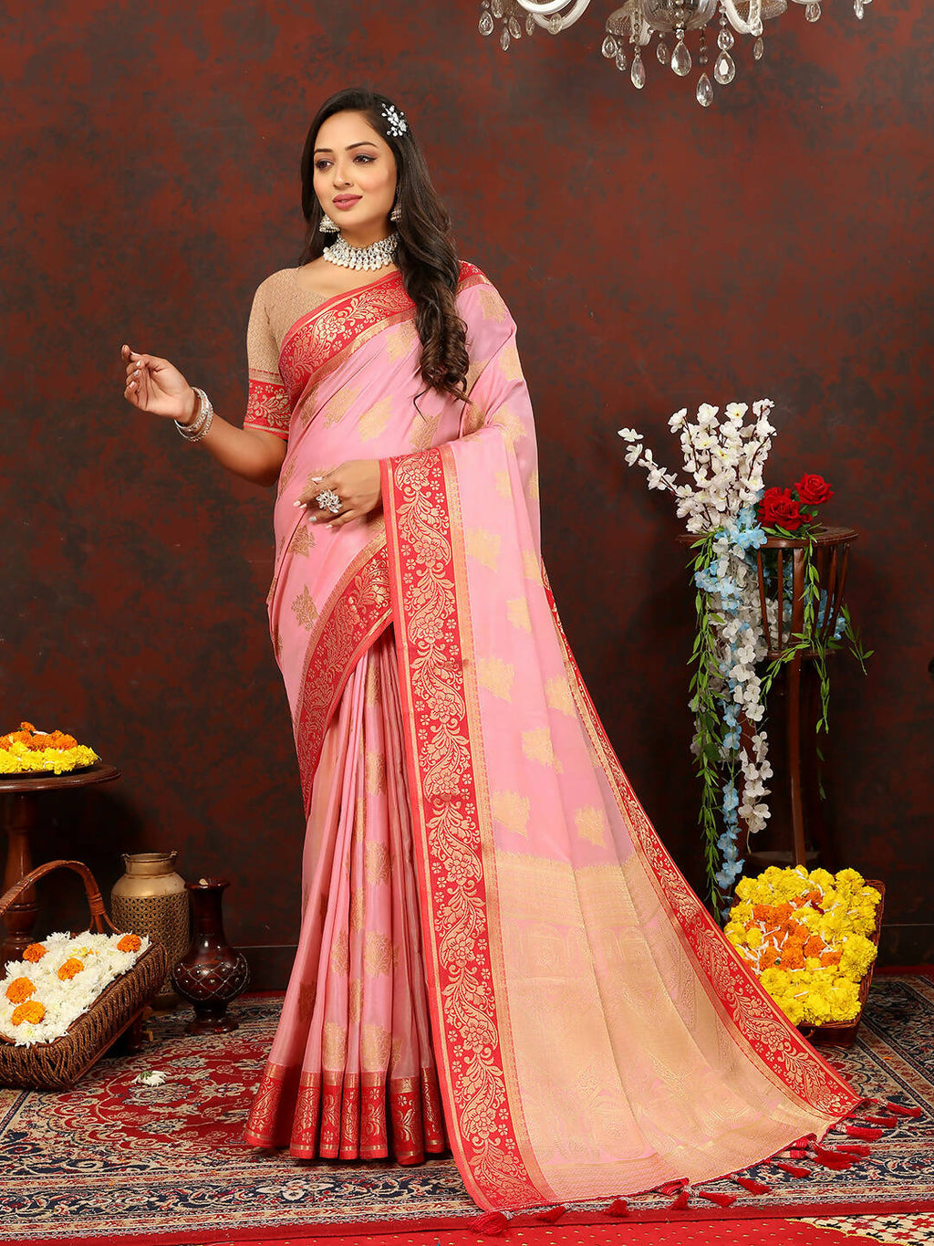 Bright pink cotton saree with zari weaving detail
