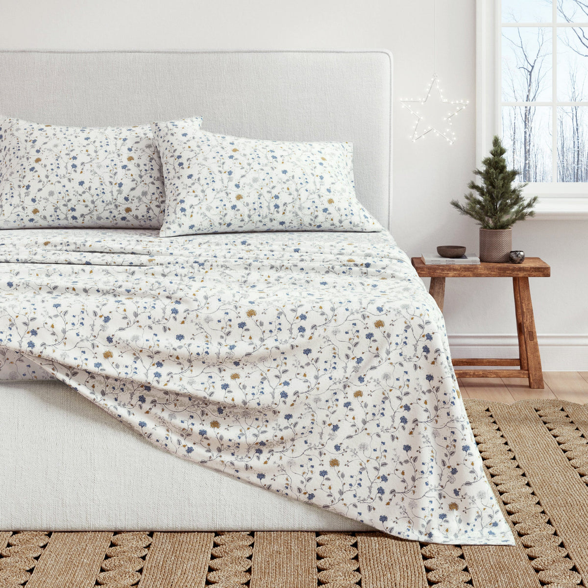 Close up of floral patterned Winter Turkish Cotton Flannel Sheets featuring a soft, brushed texture.
