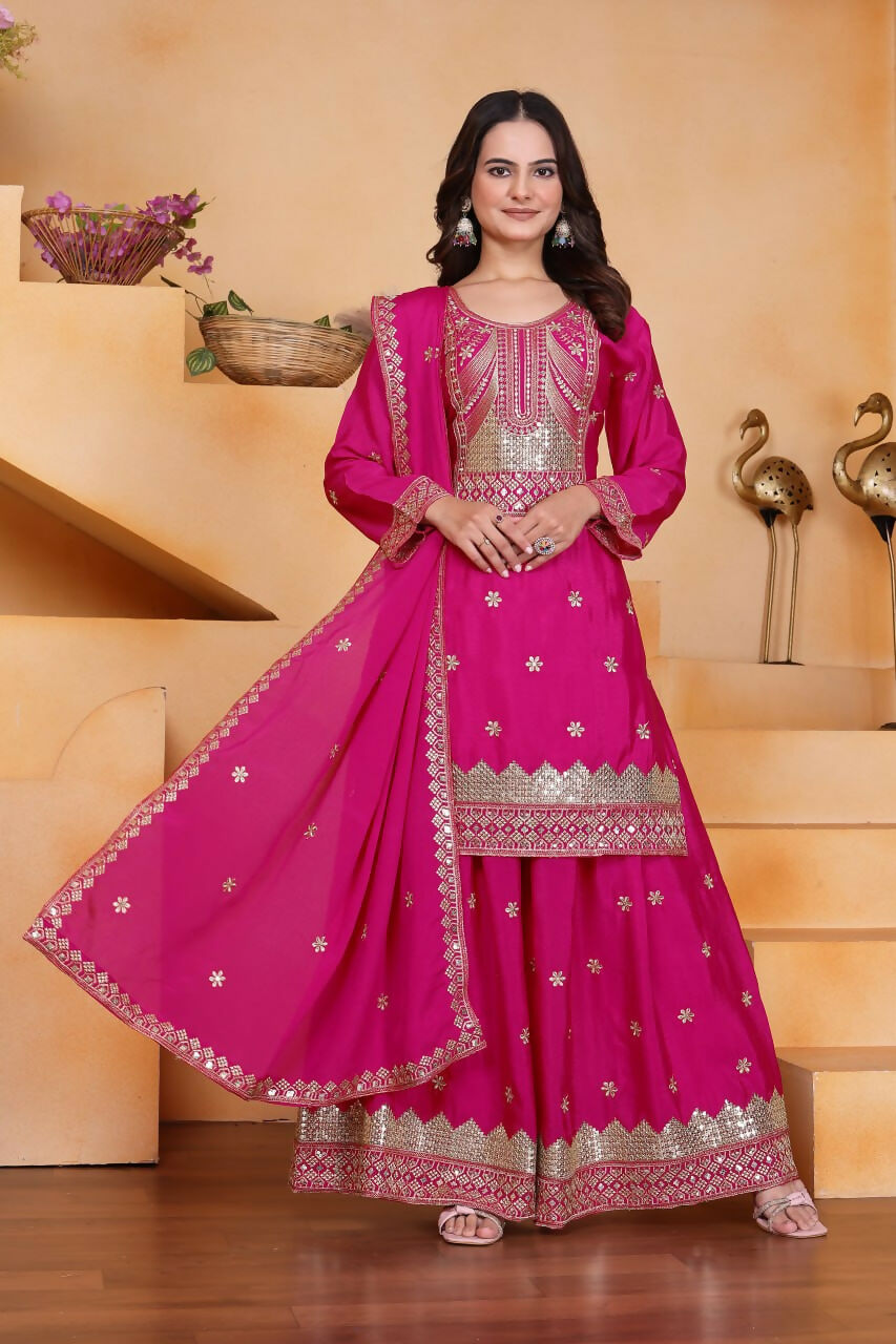 Pink Silk Embroidered Kurti and Sharara Set