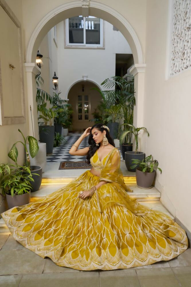 Mustard Yellow Butterfly Net Lehenga with Cotton Thread Embroidery