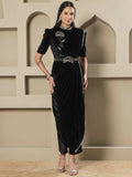 Full length black velvet kurta with detailed embroidery and half sleeves.