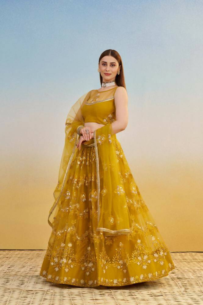 Mustard Yellow Butterfly Net Lehenga with Sequence Embroidery