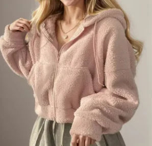 Women's Cozy Sherpa Zip Up Hoodie in Beige and Soft Pink - Image 16