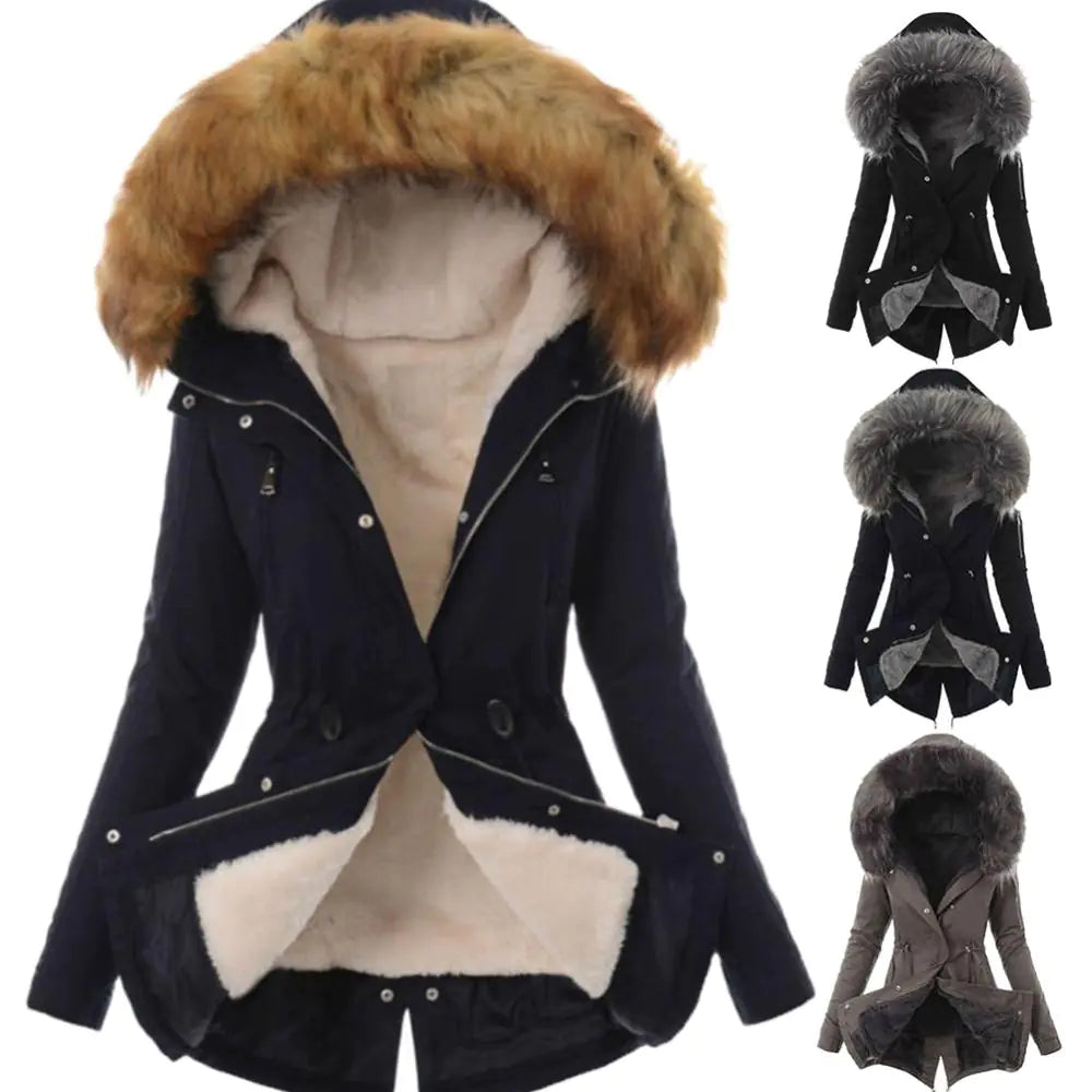 Casual Long Cotton Puffer Coat with Faux Fur Hood