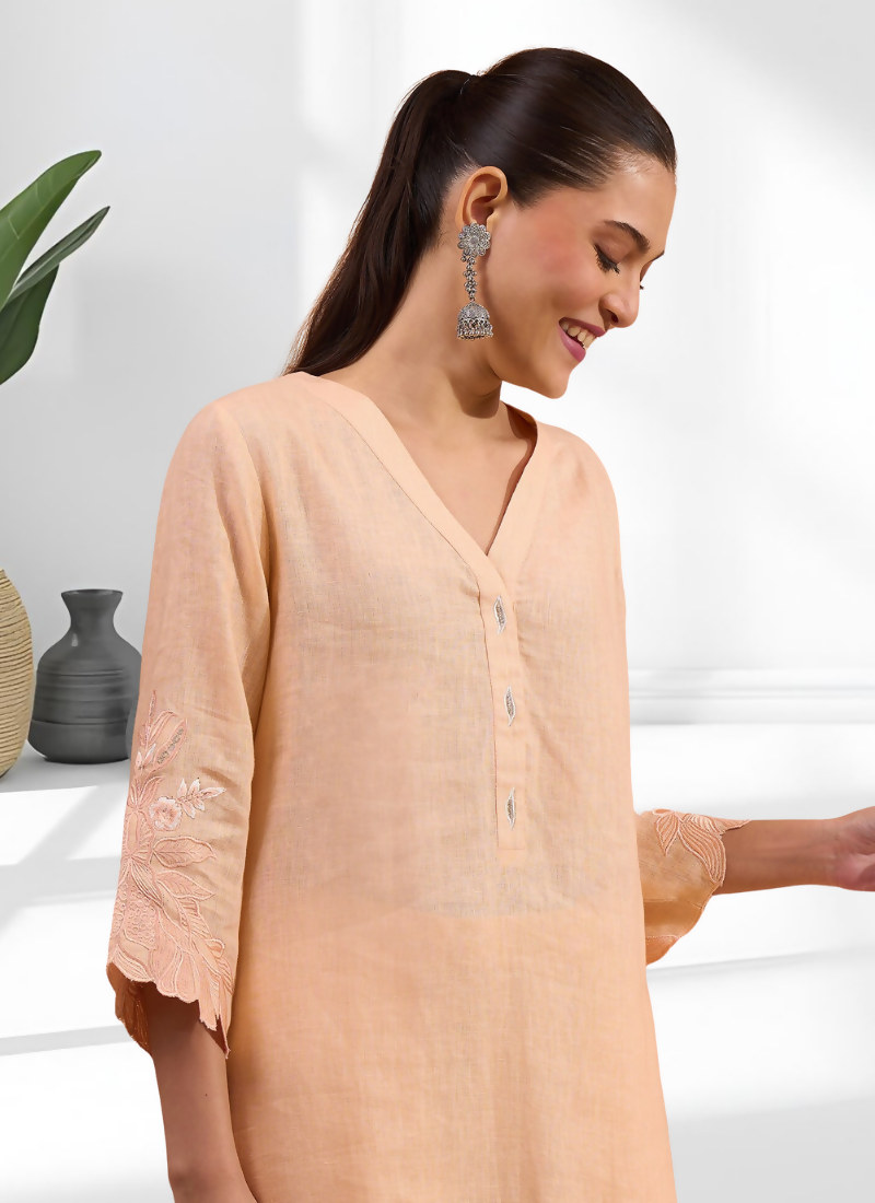Coral Embroidered Linen Long Kurta with Matching Pants Set