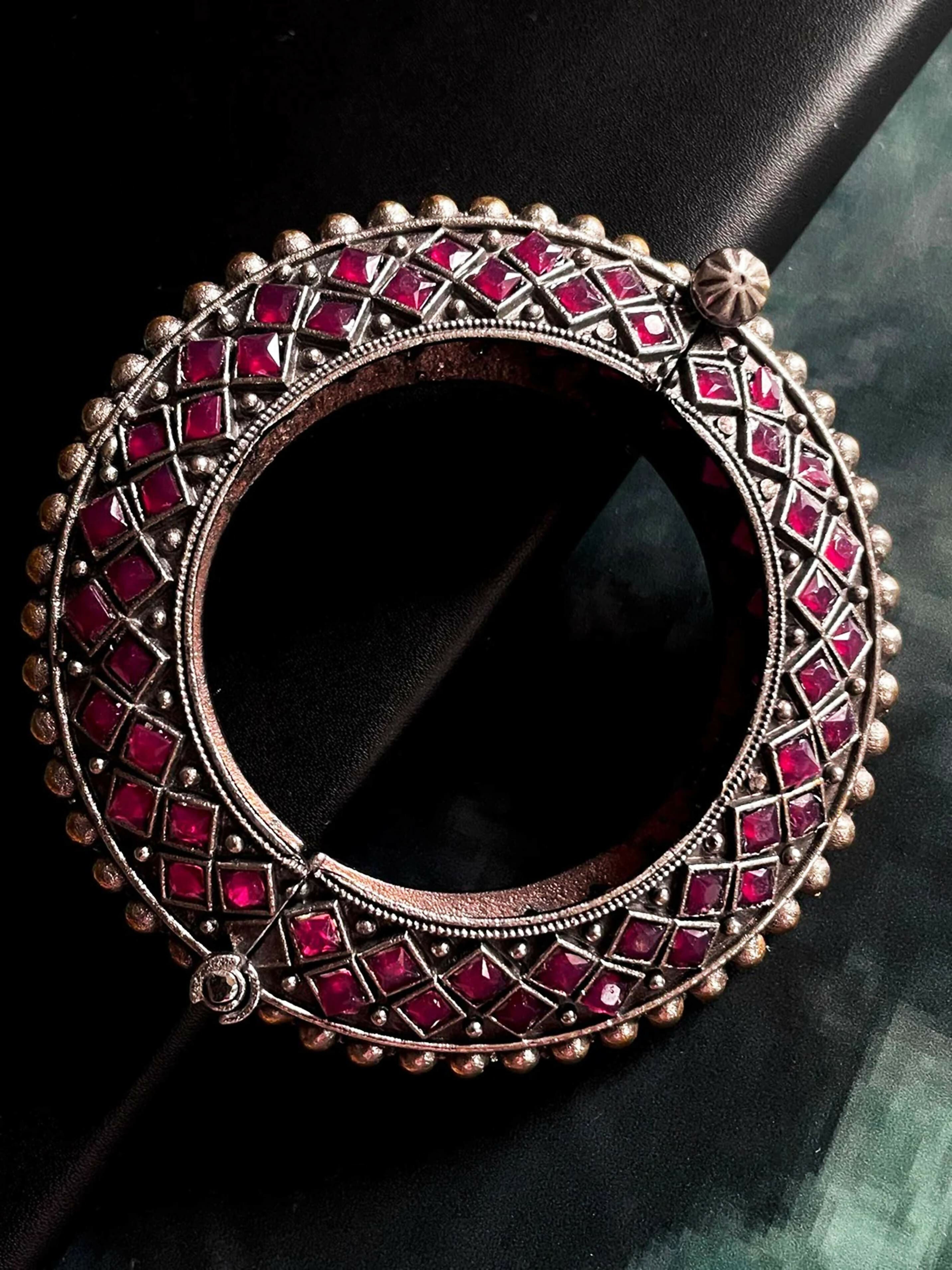 Magenta Pink Monalisa stone oxidized brass kada for party wear