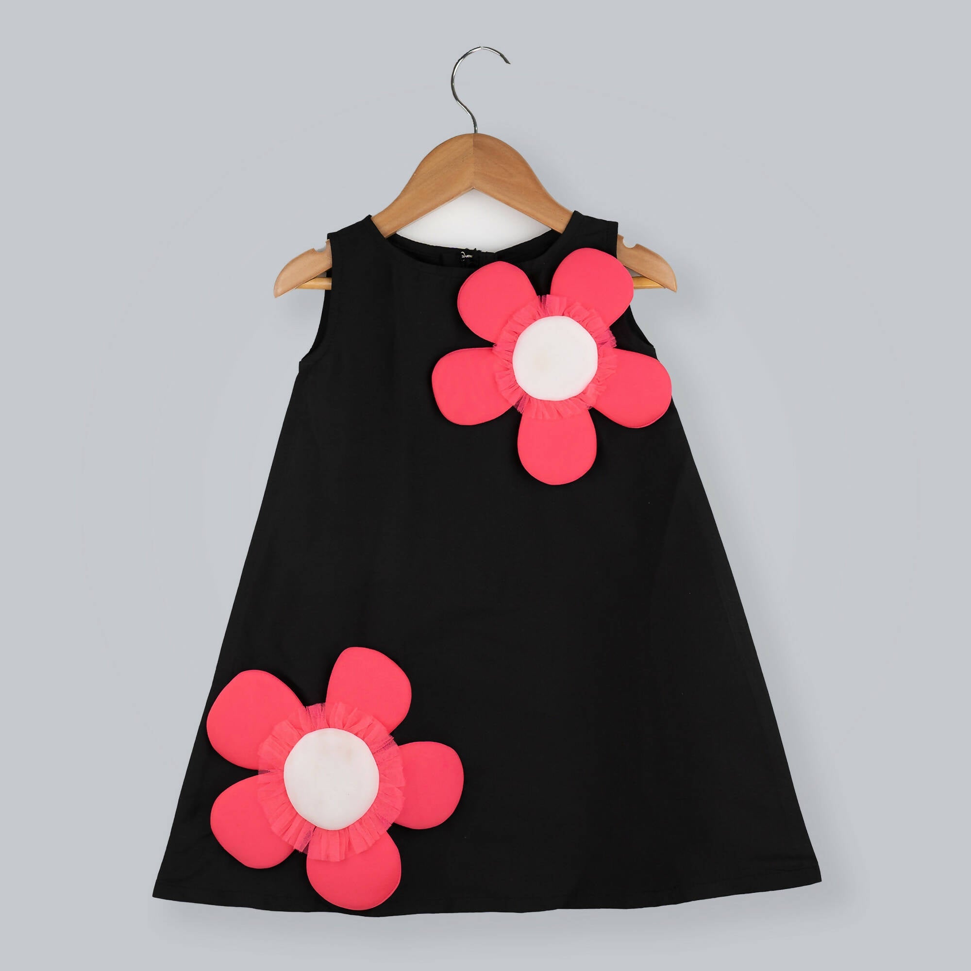 Black taffeta party dress with pink and white 3D scuba flower embellishments