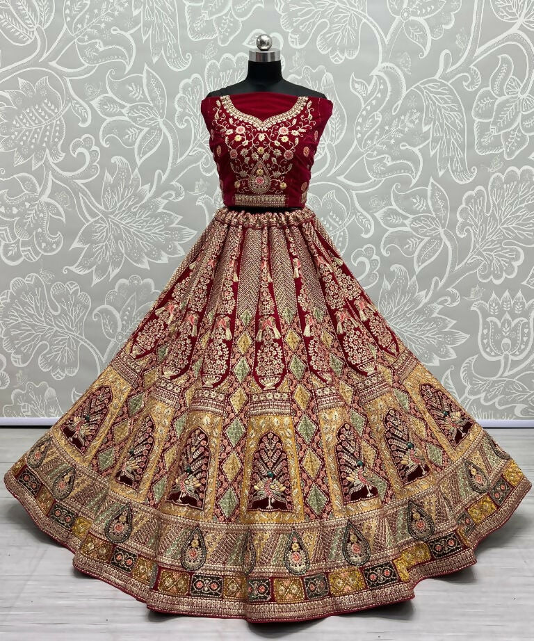 Rani Pink Velvet Wedding Lehenga Choli with Dori and Zari Embroidery