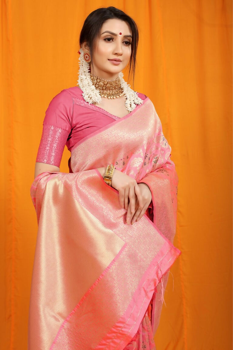 Pink Kanjivaram Silk Zari Woven Saree with Matching Blouse