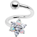 White synthetic opal snowflake flower design on a silver-tone spiral twister belly ring.