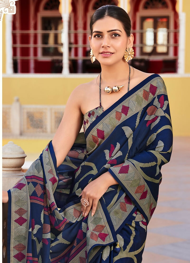 Navy Blue Silk Blend Printed Saree with Traditional Design