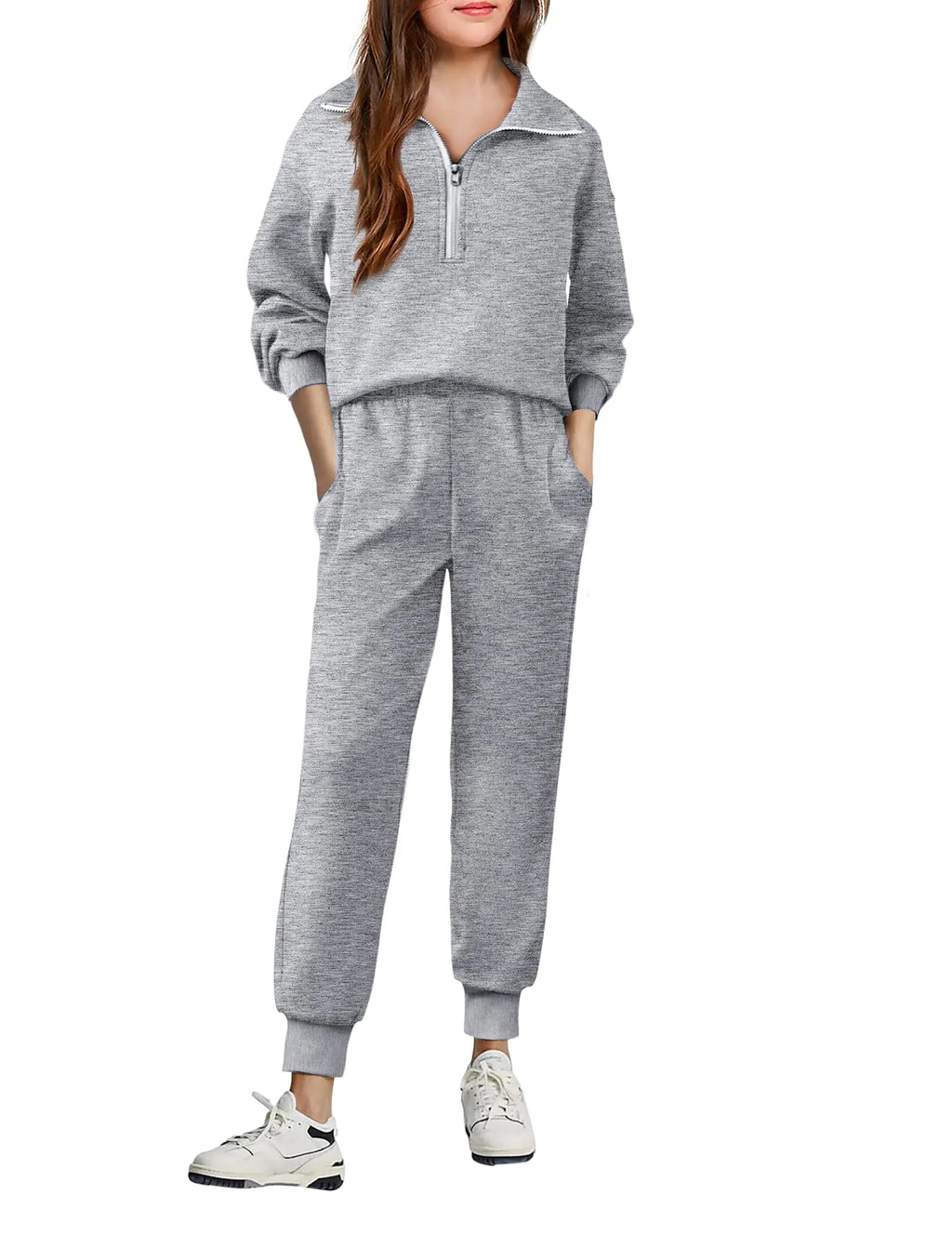 Arshiner Girls 2 Piece Sweatsuits Set Long Sleeve Half Zip Pullover Sweatshirt and Sweatpants Fall Tracksuit Light Grey 11-12Y