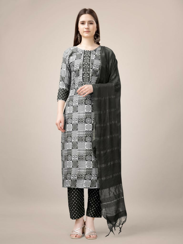 Black rayon printed kurta with embroidery and fancy lace, paired with trousers and a dupatta.